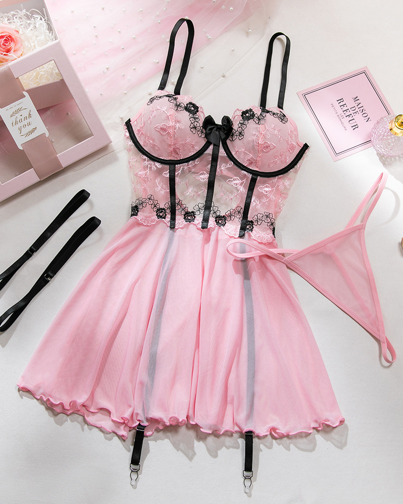 Sexy Sheer Mesh Printed Lace Push-Up Spaghetti Strap Lingerie