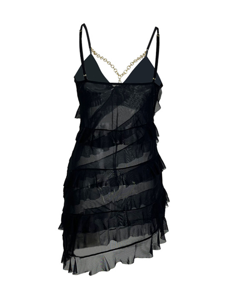 Sexy V-Neck Pearl Metal Chain Mesh Ruffle Nightdress
