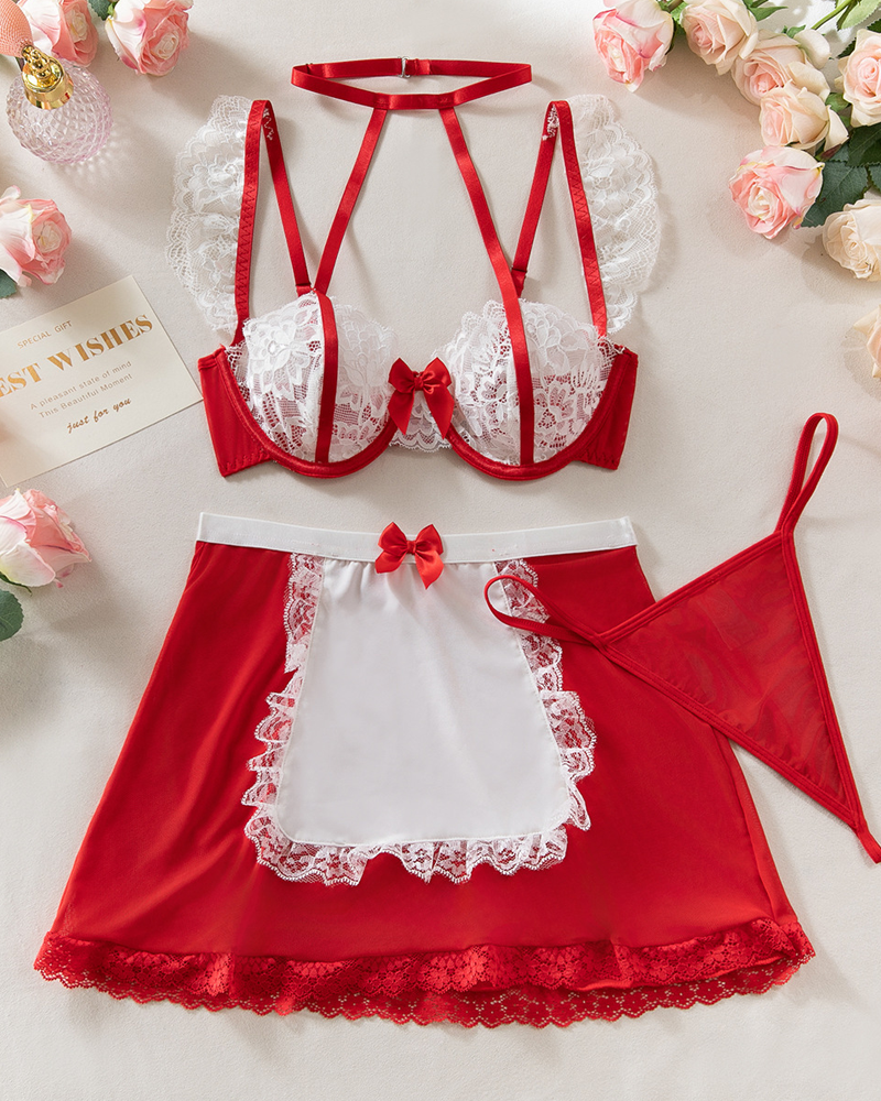 Maid-Inspired Sheer Lace Halter Lingerie Set