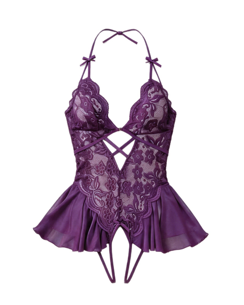 Sheer Lace Halter Cut-Out Crotchless Bodysuit