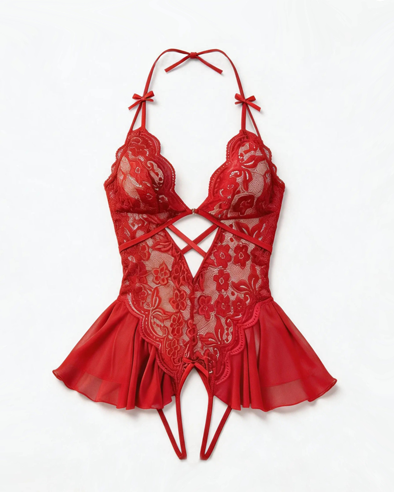 Sheer Lace Halter Cut-Out Crotchless Bodysuit