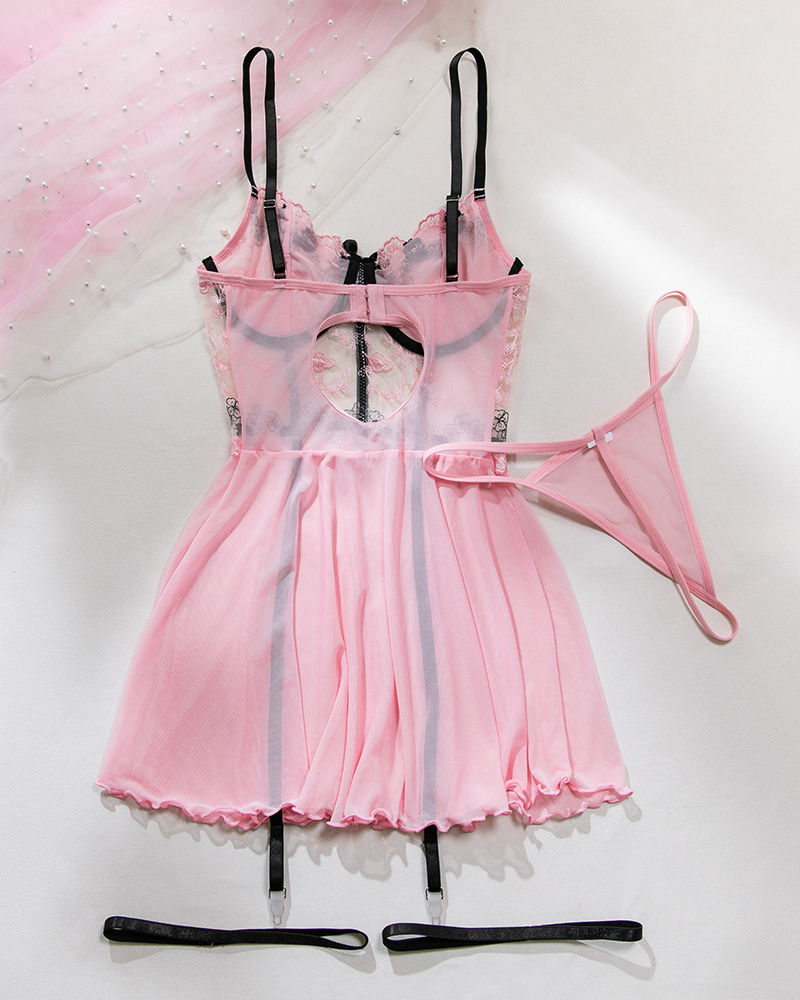 Sexy Sheer Mesh Printed Lace Push-Up Spaghetti Strap Lingerie