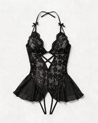 Sheer Lace Halter Cut-Out Crotchless Bodysuit
