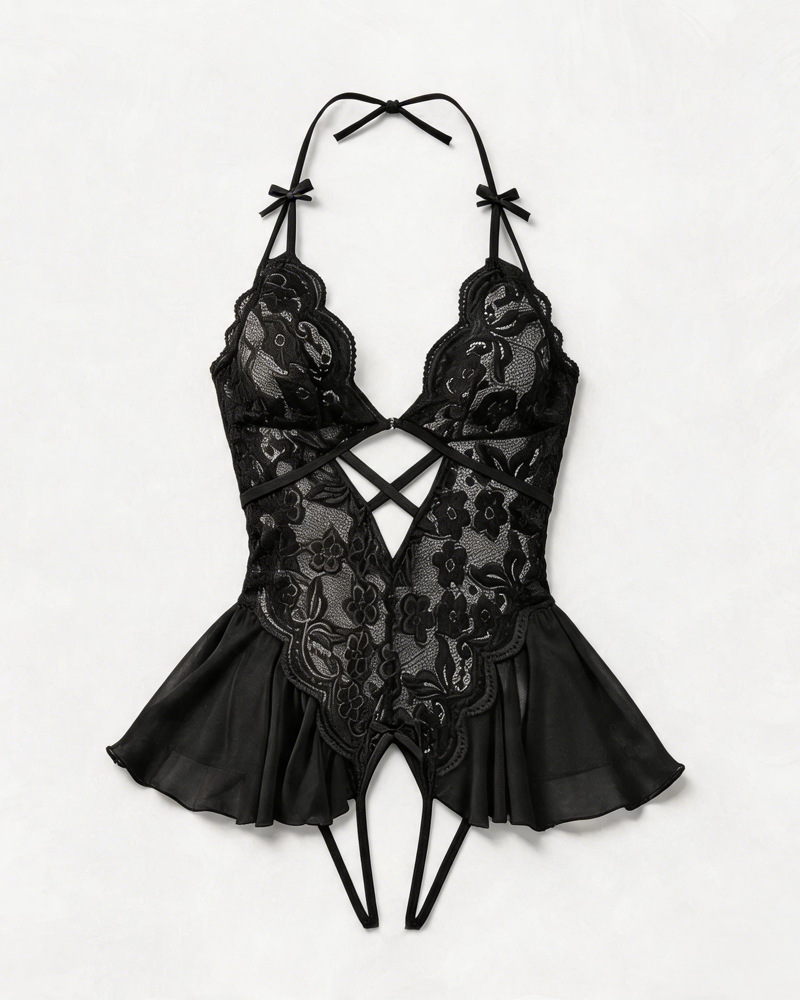 Sheer Lace Halter Cut-Out Crotchless Bodysuit
