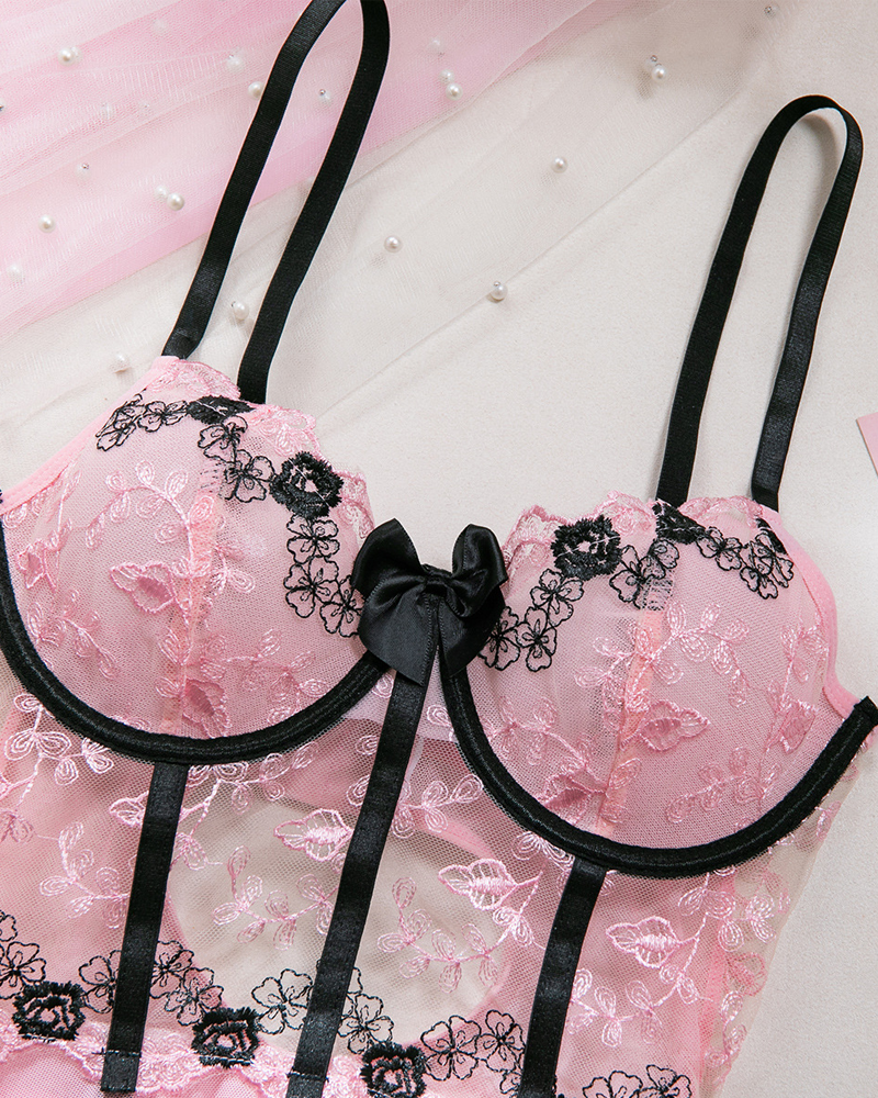 Sexy Sheer Mesh Printed Lace Push-Up Spaghetti Strap Lingerie
