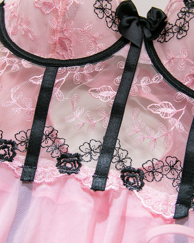 Sexy Sheer Mesh Printed Lace Push-Up Spaghetti Strap Lingerie