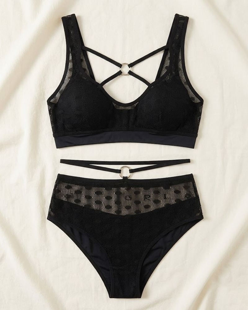 Plus Size Strappy Polka Dot Mesh Cutout Lingerie Set