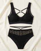 Plus Size Strappy Polka Dot Mesh Cutout Lingerie Set
