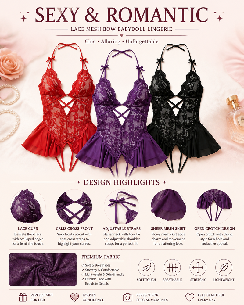 Sheer Lace Halter Cut-Out Crotchless Bodysuit