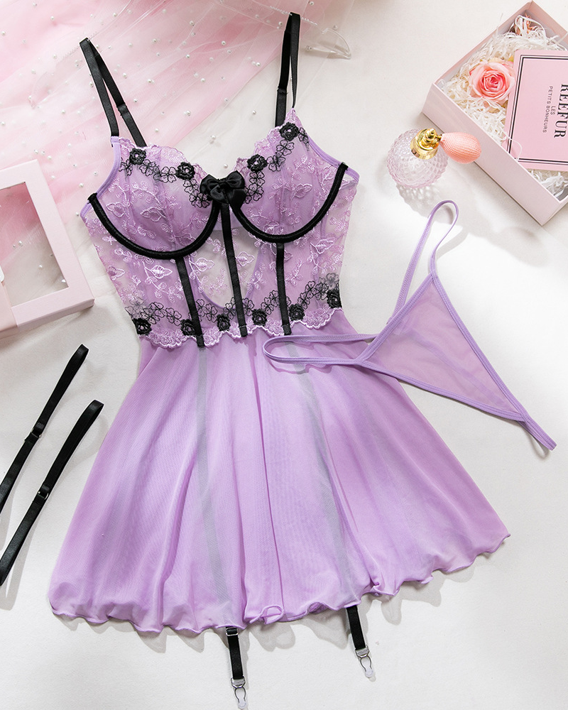 Sexy Sheer Mesh Printed Lace Push-Up Spaghetti Strap Lingerie