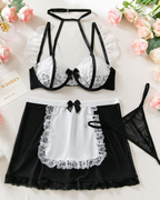 Maid-Inspired Sheer Lace Halter Lingerie Set
