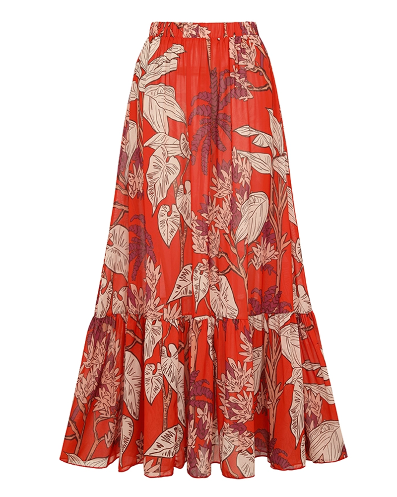One Shoulder Red Plant Print Swimsuit Set