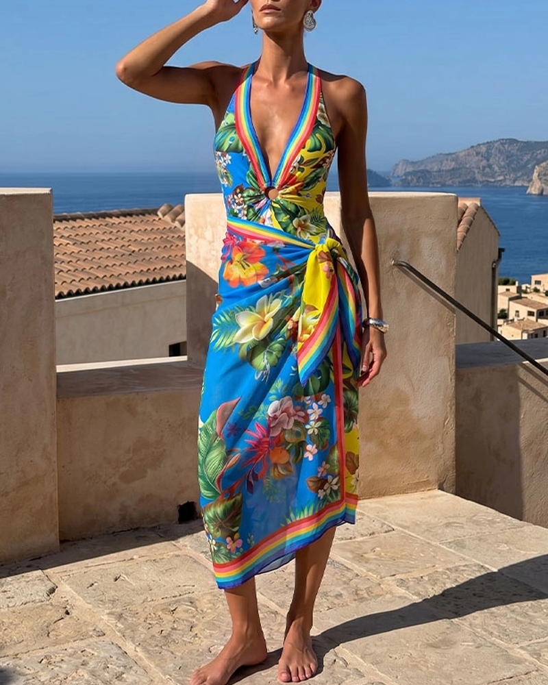 V Neck Color Block Printed Swimsuit Set