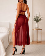 Sexy Deep V Lace See-through Mesh High Slit Long Nightgown