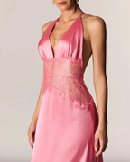 Elegant V-Neck Halter Lace and Satin Patchwork Maxi Dress