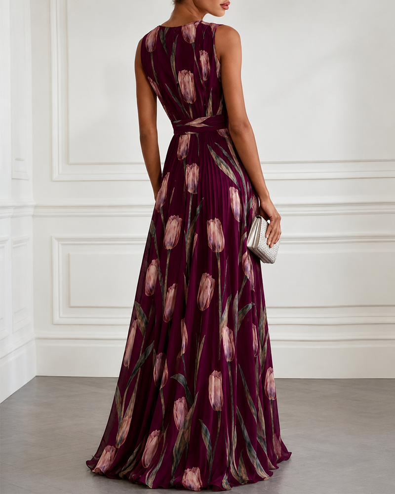 Tulip Print Chiffon Sleeveless V-Neck Maxi Dress