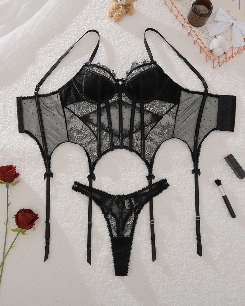 Sheer Eyelash Lace Trim Boned Sexy Lingerie Set