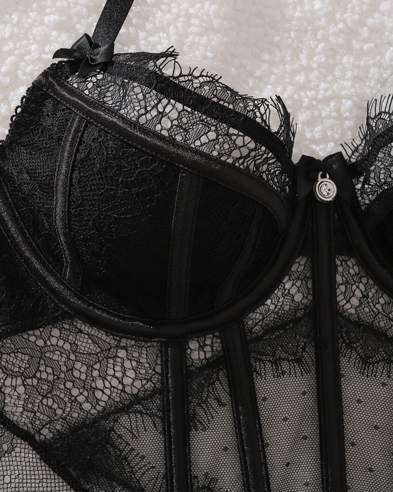 Sheer Eyelash Lace Trim Boned Sexy Lingerie Set