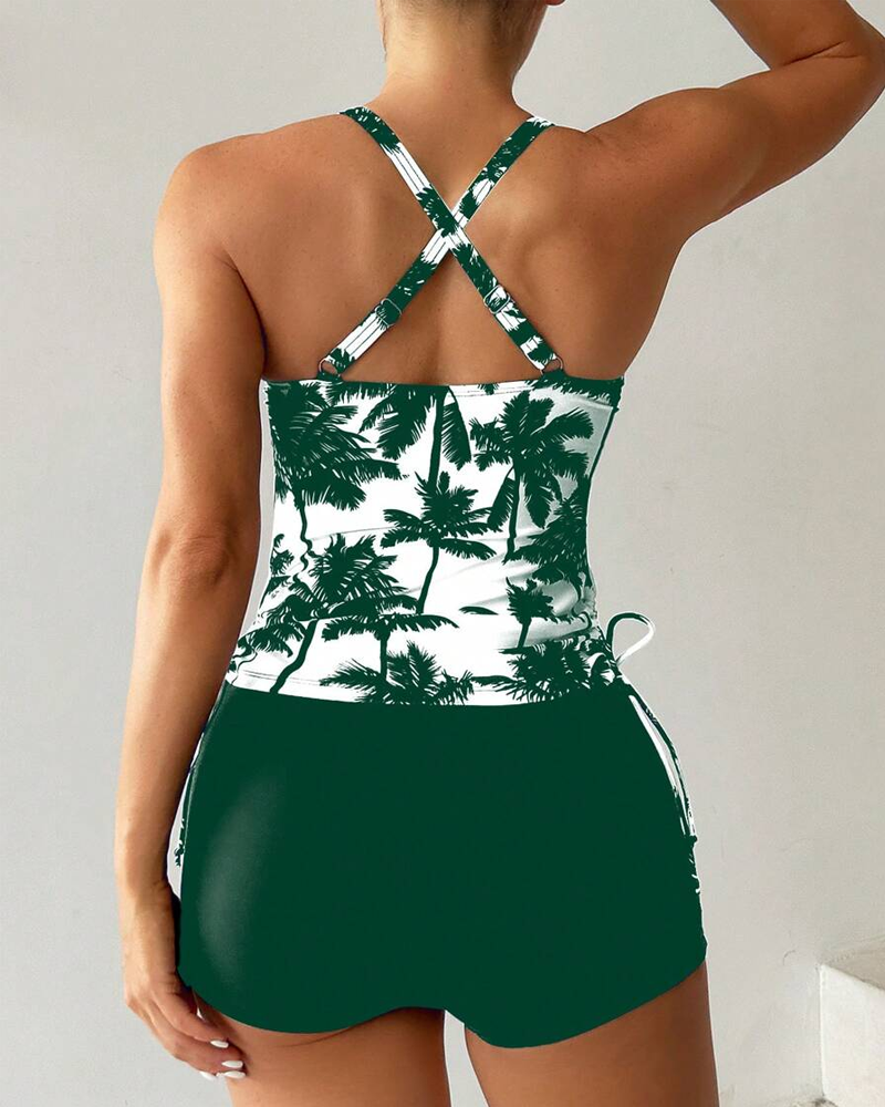 Printed Bodycon Backless Drawstring Slim-Fit Two-Piece Swimsuit