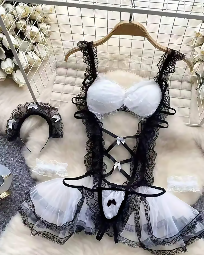 Sexy Maid Style Lace Trim Hollow-Out Bodysuit