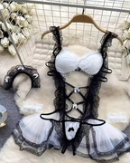 Sexy Maid Style Lace Trim Hollow-Out Bodysuit