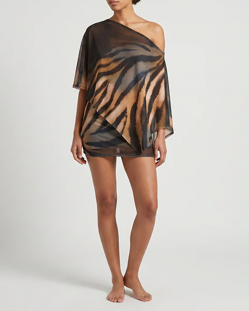 Sexy Claw Print One-Shoulder Top with Cape & Bodycon Skirt Set