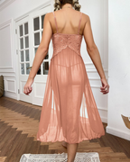 Sexy Sheer Mesh Deep V-Neck Lace Side Slit Slip Dress