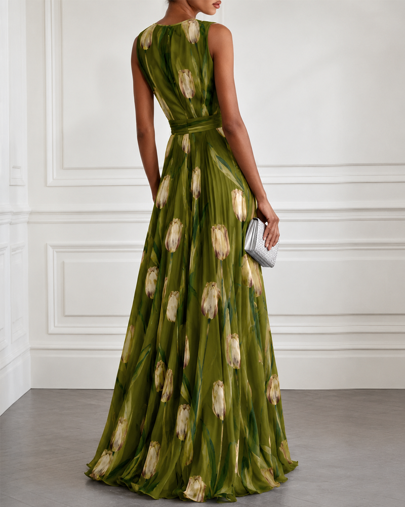 Tulip Print Chiffon Sleeveless V-Neck Maxi Dress