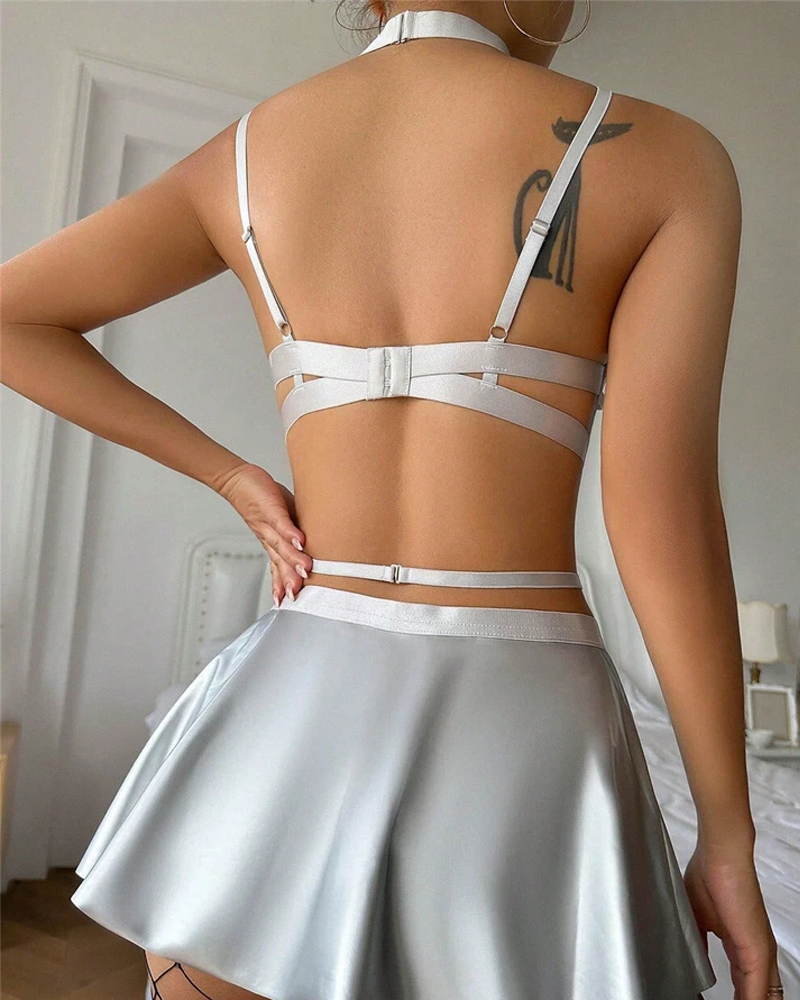 Sexy Cutout Faux Leather Mini Skirt Lingerie Set