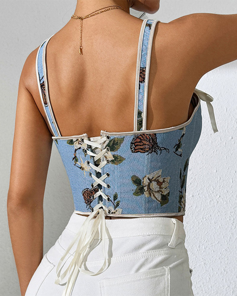 French Style Bow Lace-Up Floral Sexy Body Shaper Women's Sling Printed Slim-Fit Vest Corset