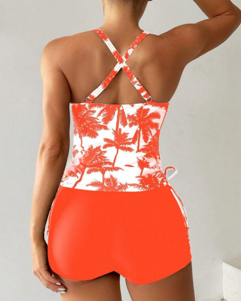 Printed Bodycon Backless Drawstring Slim-Fit Two-Piece Swimsuit