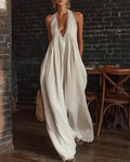 Elegant Casual Loose Linen Jumpsuit with Lace Trim
