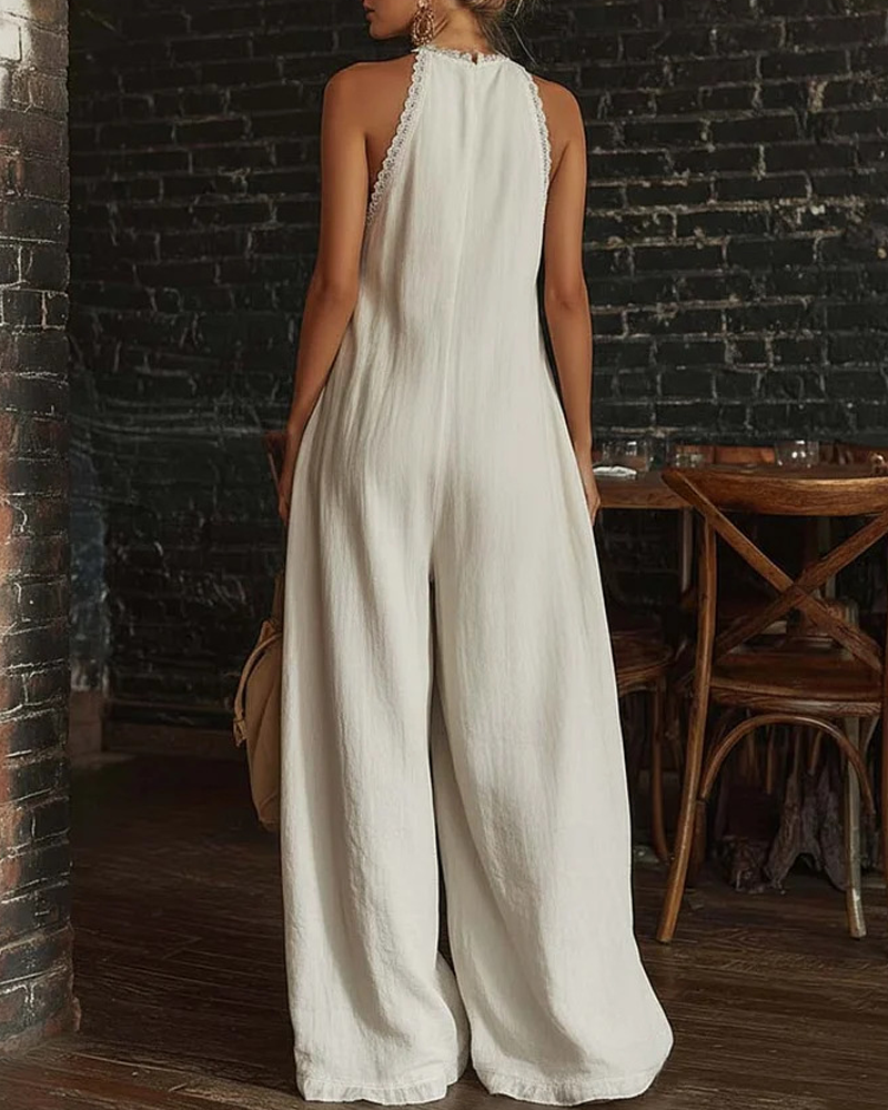 Elegant Casual Loose Linen Jumpsuit with Lace Trim