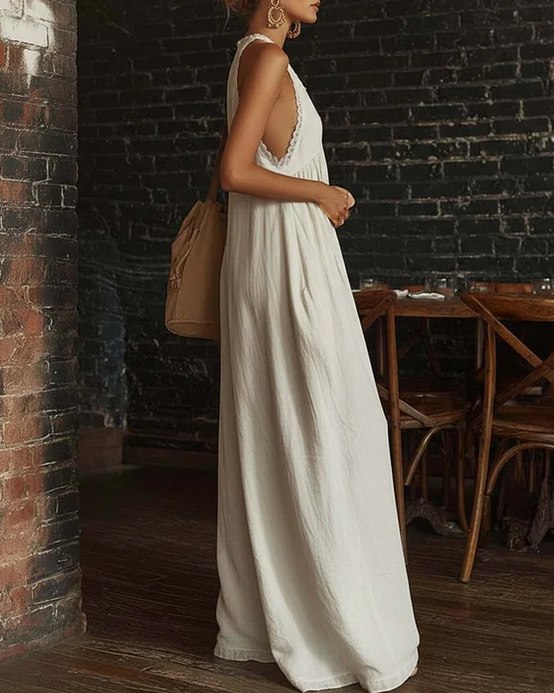 Elegant Casual Loose Linen Jumpsuit with Lace Trim