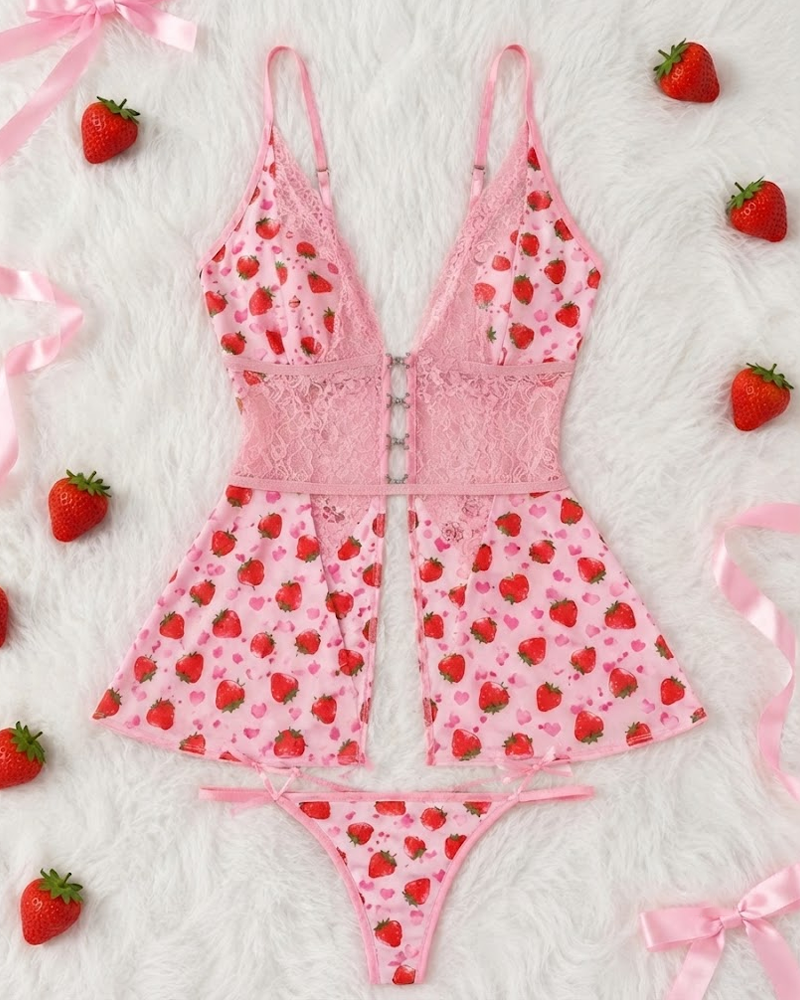 Sexy Lace Trim Strawberry Print Babydoll Lingerie