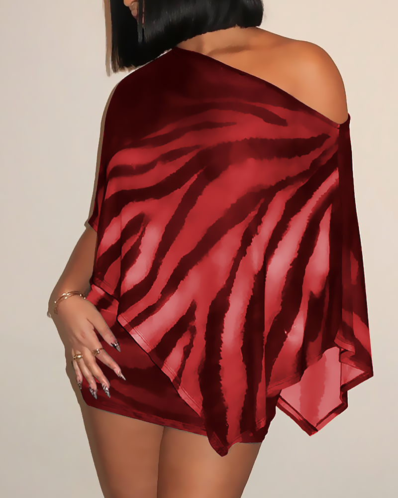 Sexy Claw Print One-Shoulder Top with Cape & Bodycon Skirt Set