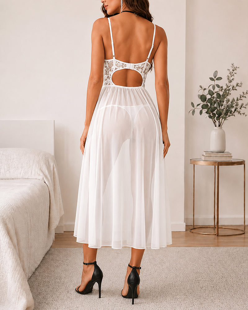 Sexy Deep V Lace See-through Mesh High Slit Long Nightgown