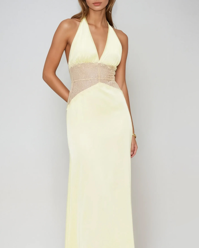 Elegant V-Neck Halter Lace and Satin Patchwork Maxi Dress