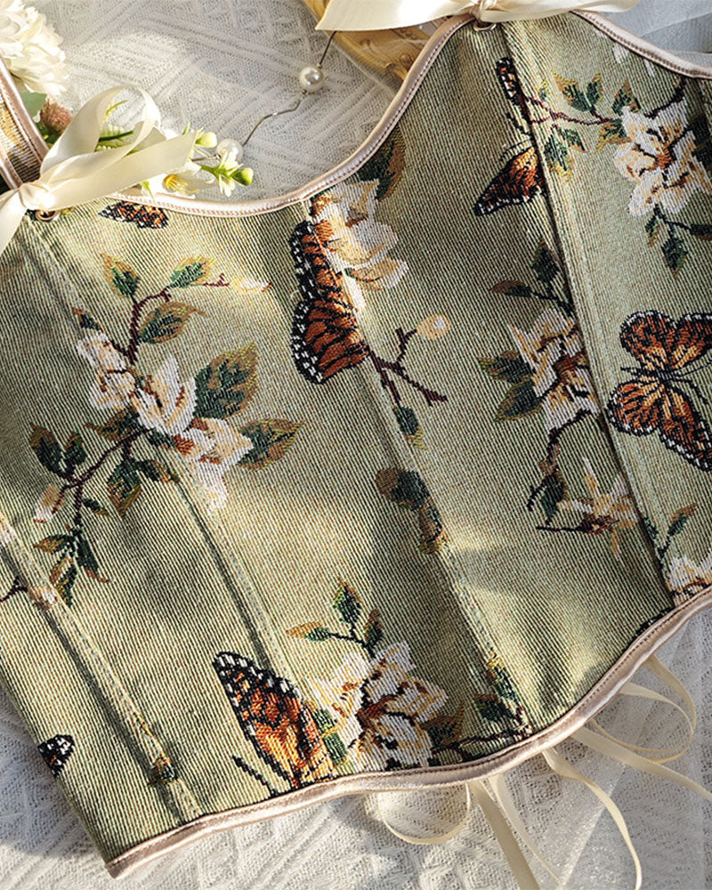 French Style Bow Lace-Up Floral Sexy Body Shaper Women's Sling Printed Slim-Fit Vest Corset