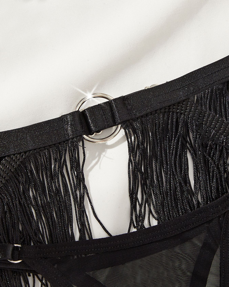 Women’s Sexy Tassel Mesh Sheer Hollow-Out Lingerie Set