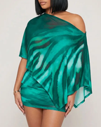 Sexy Claw Print One-Shoulder Top with Cape & Bodycon Skirt Set