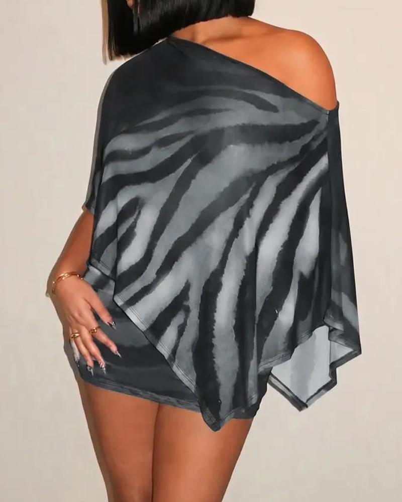 Sexy Claw Print One-Shoulder Top with Cape & Bodycon Skirt Set