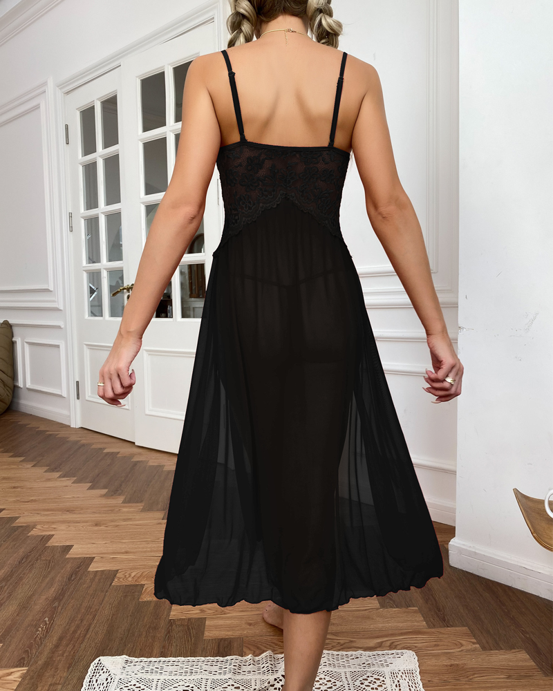 Sexy Sheer Mesh Deep V-Neck Lace Side Slit Slip Dress