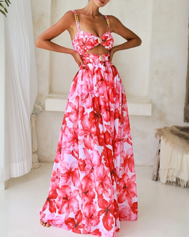 Cutout Flower Print One Piece Swimsuit and Skirt Flaxmaker