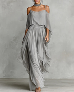 Chiffon Off-Shoulder Cami Wide-Leg Pants Set
