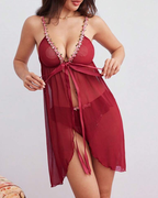 Sexy Mesh Floral Lace Trim Front-Open Nightdress Set
