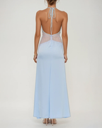 Elegant V-Neck Halter Lace and Satin Patchwork Maxi Dress