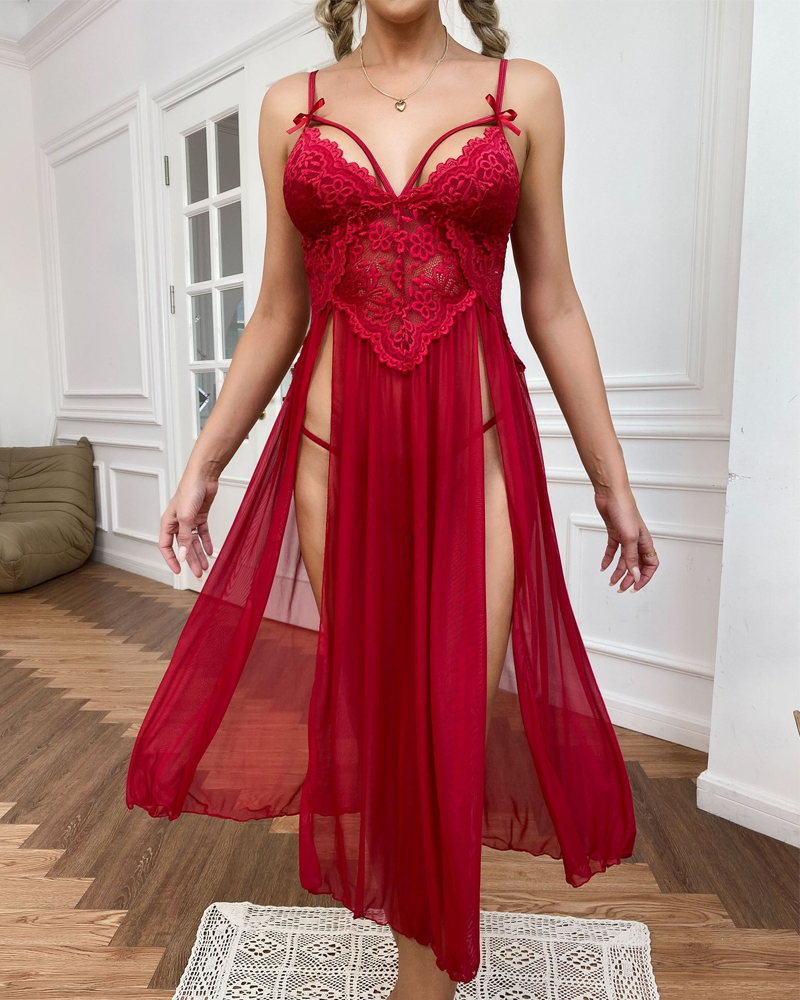 Sexy Sheer Mesh Deep V-Neck Lace Side Slit Slip Dress