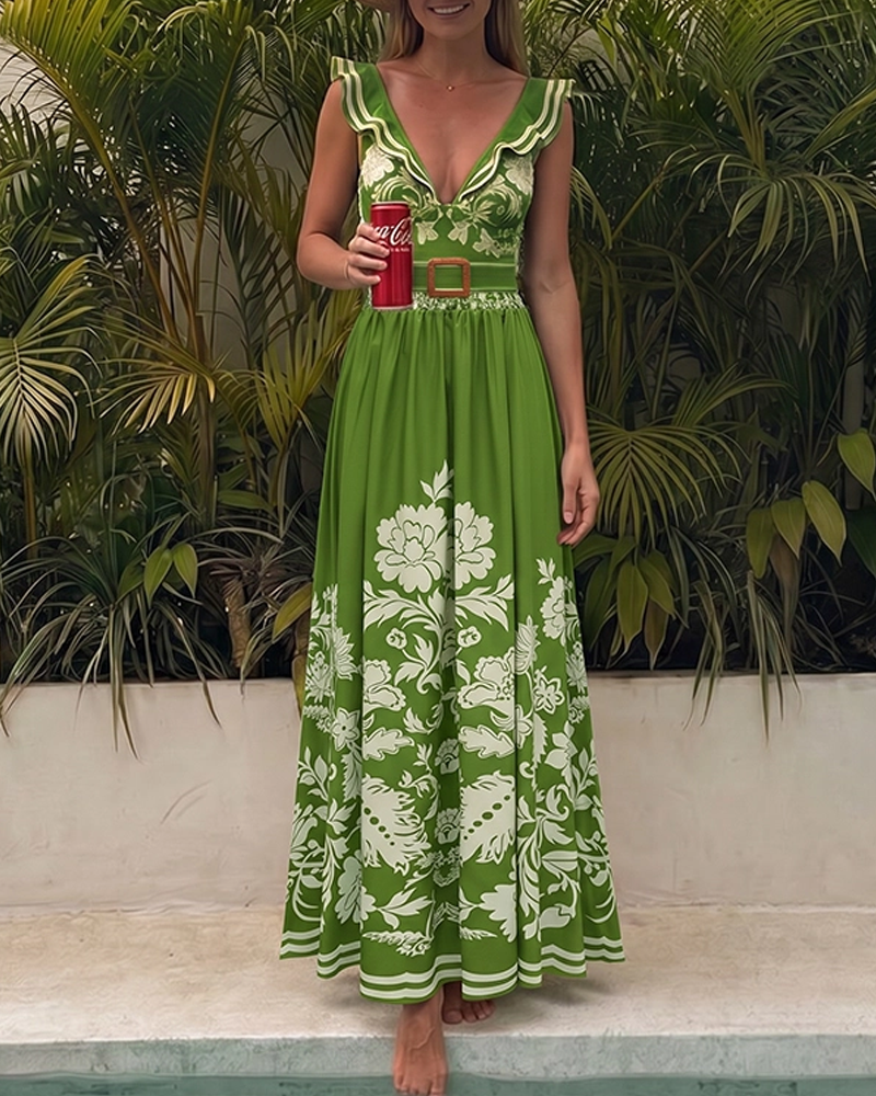 V Neck Ruffle Green Retro Printed Swimsuit Set