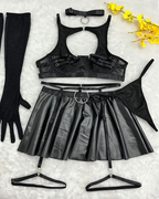 Sexy Cutout Faux Leather Mini Skirt Lingerie Set